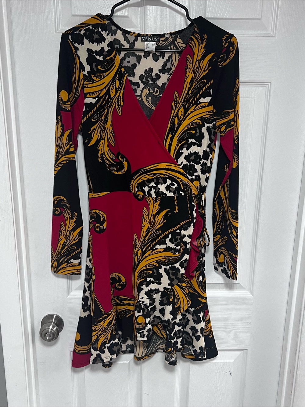 VENUS Mini Black, Burgundy & Gold Print Long-Sleeve Wrap Dress Size S